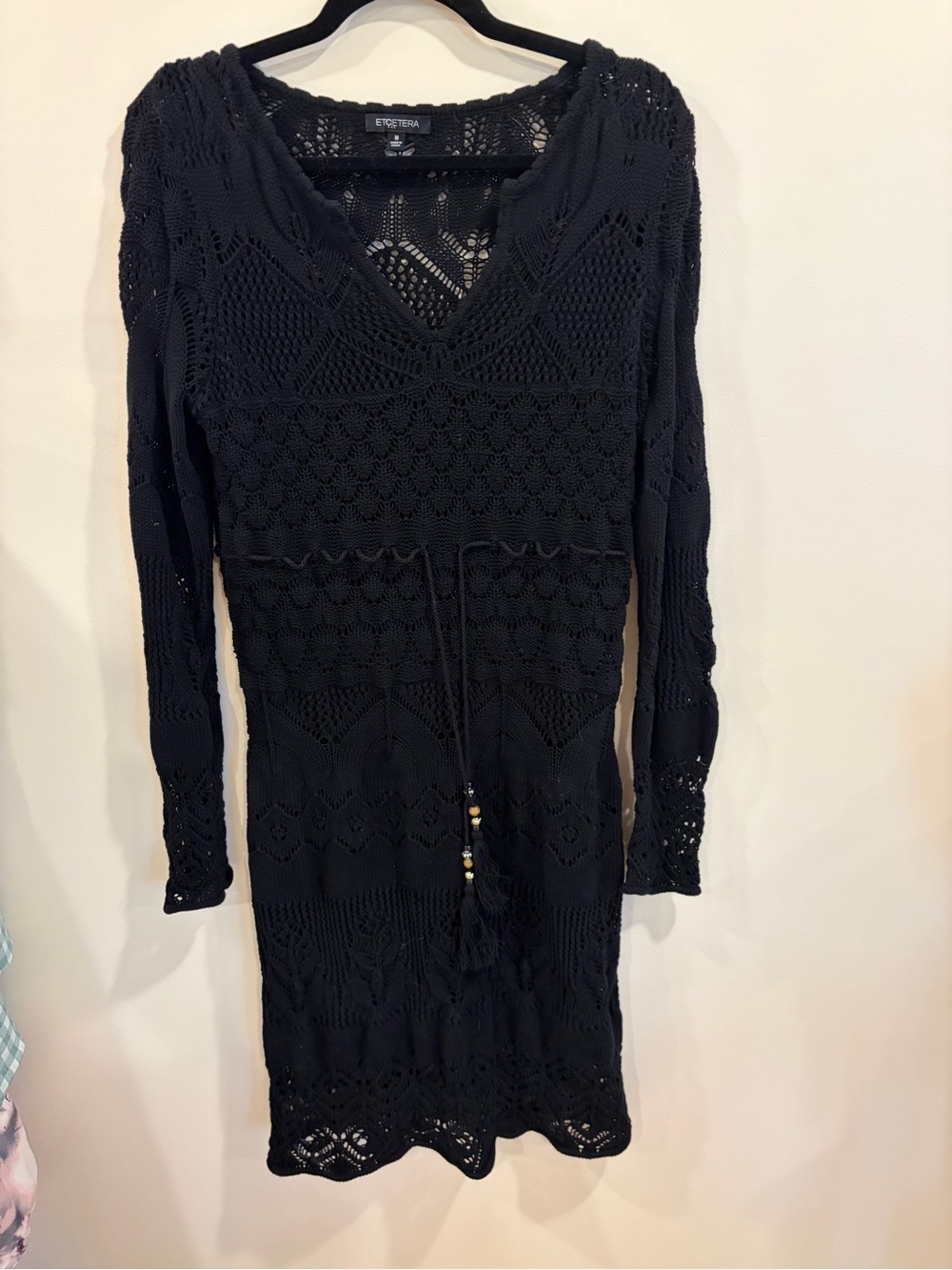 Etcetera Black Crochet V-Neck Long Sleeve Dress Size M